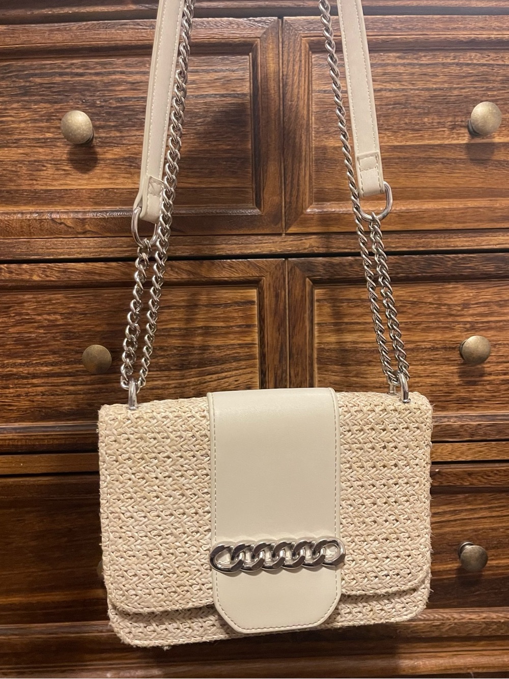 Cream Woven Crossbody Bag with Chain Detail